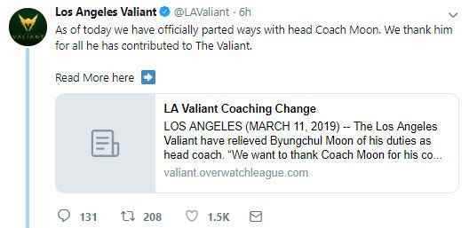 《守望先锋》洛杉矶英勇队主教练Moon被解雇