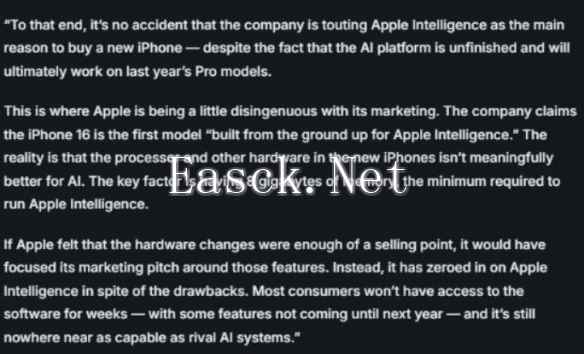 iPhone16硬件并不会明显改善AI功能 苹果被指太虚伪！