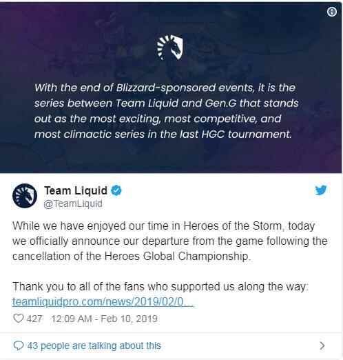 Team Liquid宣布解散《风暴英雄》战队 直言暴雪不负责