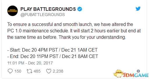 《绝地求生》1.0正式版下午3点上线 服务器已停机