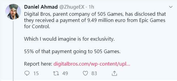 Epic真舍得砸钱!曝《控制》独占费用高达949万欧元