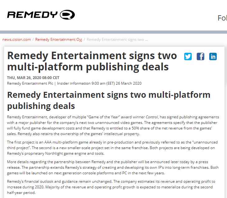 Remedy即将公开两款新作!其中一款为3A多平台巨制