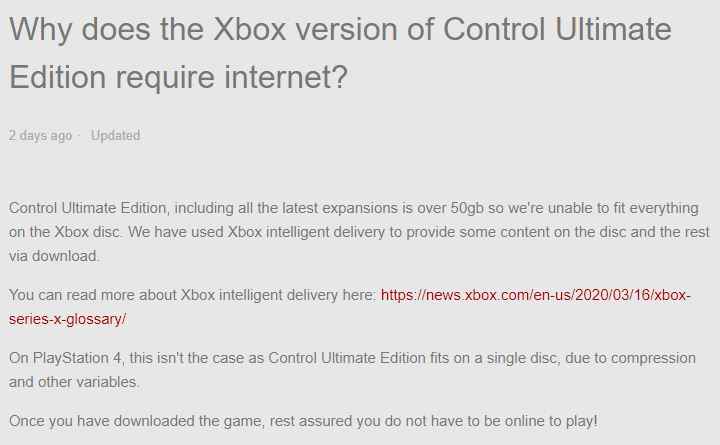 与PS4版压缩方式不同 《控制：终极合集》Xbox光盘版需额外联网