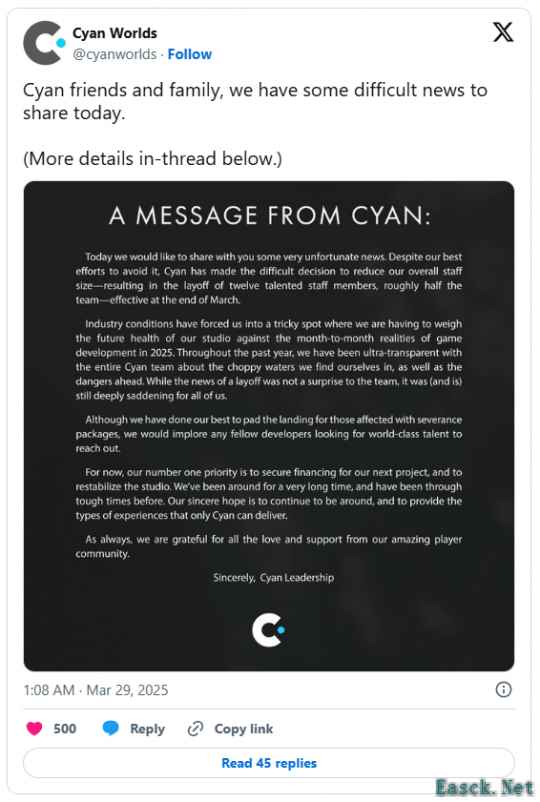 《神秘岛》开发商Cyan Worlds裁员一半人数 称“已经做了最大努力”