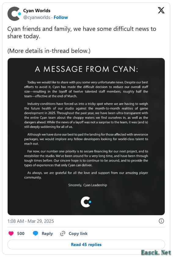 游戏开发公司Cyan Worlds因行业压力裁员一半员工