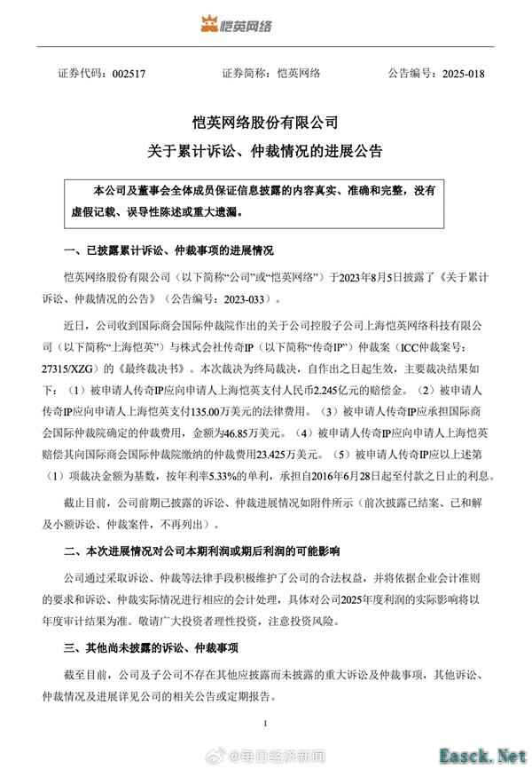 恺英网络子公司胜诉传奇IP获赔超3.41亿元人民币