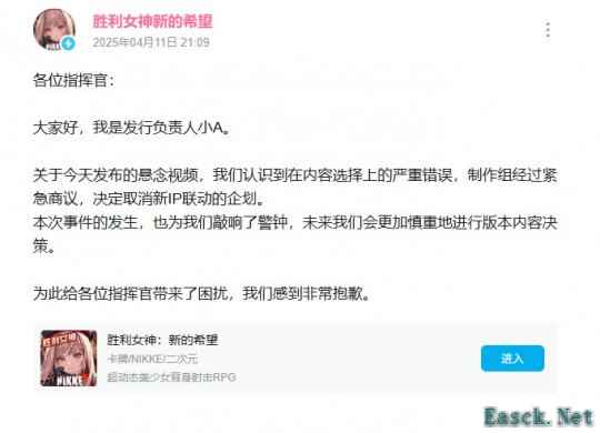 争议太大!《胜利女神》宣布取消和神秘IP的联动