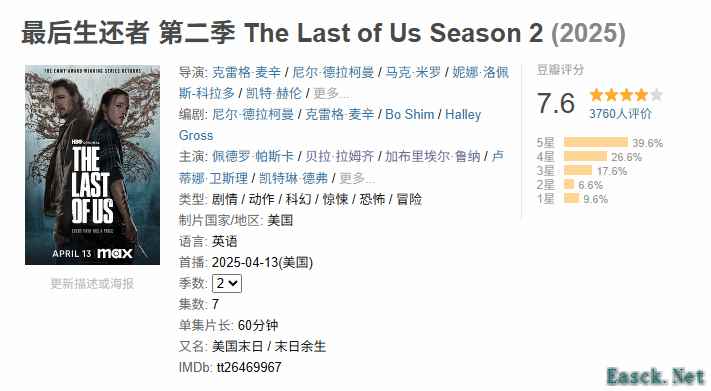 《最后生还者2》真人剧：虐心剧情催泪，豆瓣评分下滑揭示观众情绪