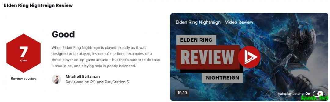 《艾尔登法环：黑夜君临》媒体评7分，称其为优秀三人合作体验