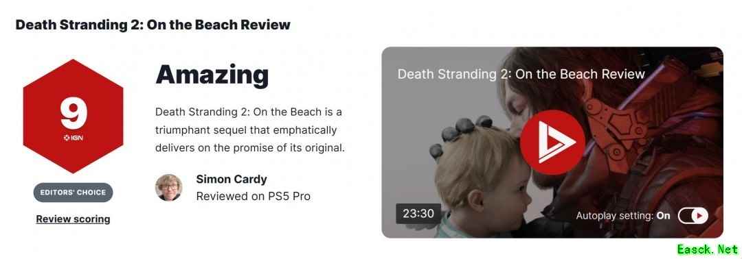 《死亡搁浅2媒体评分公布，IGN 9分Metacritic 90分》