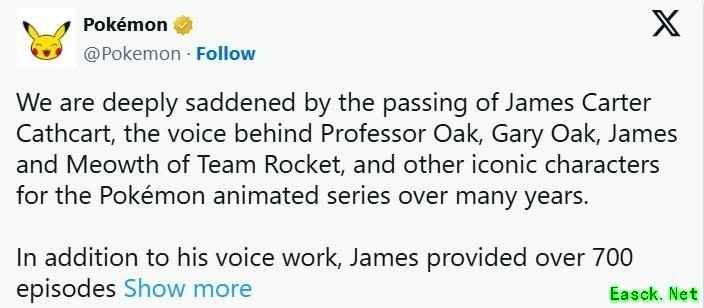 宝可梦配音演员卡斯卡特逝世
