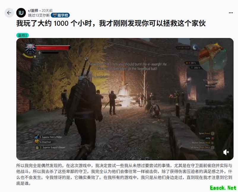 巫师3:狂猎玩家发现隐藏剧情,术士拯救引发连锁反应