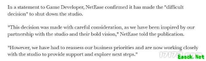 继日本樱花工作室之后，网易再次关闭海外游戏工作室