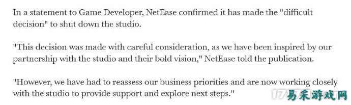 继日本樱花工作室之后，网易再次关闭海外游戏工作室
