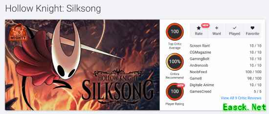 空洞骑士:丝之歌登顶OpenCritic年度满分榜首,斩获媒体玩家双满分赞誉