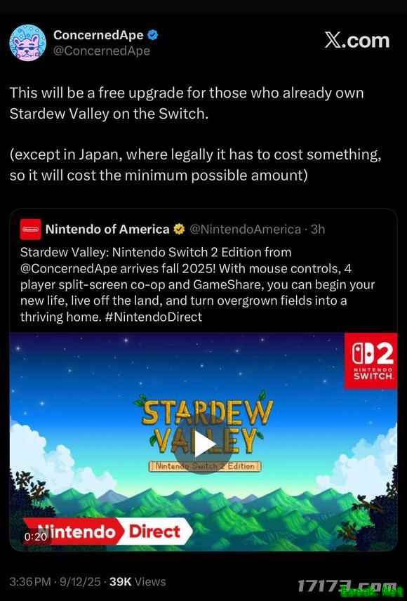 《星露谷物语》将支持NS2！全球玩家可免费升级，日本除外