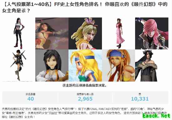 最终幻想历代女性角色人气投票TOP10揭晓