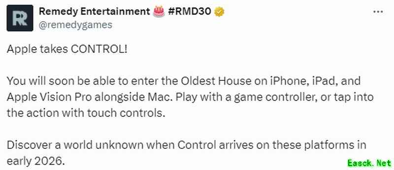 《控制》将于2026年初登陆苹果平台 触控操作游玩