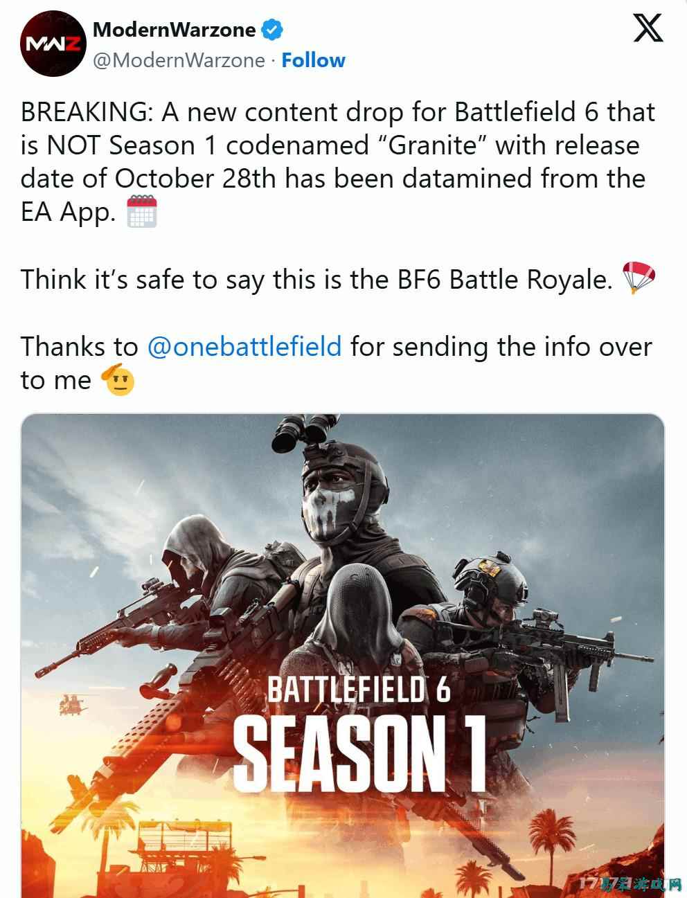 网传《战地6》大逃杀模式或于10月28日上线，独立免费运营