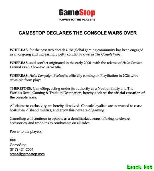 迎接游戏新时代！GameStop发布声明称主机战争正式结束