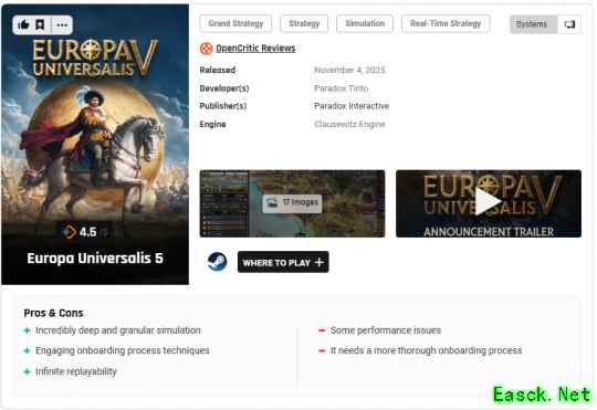 《欧陆风云5》M站均分85！IGN8分好评称未来可期