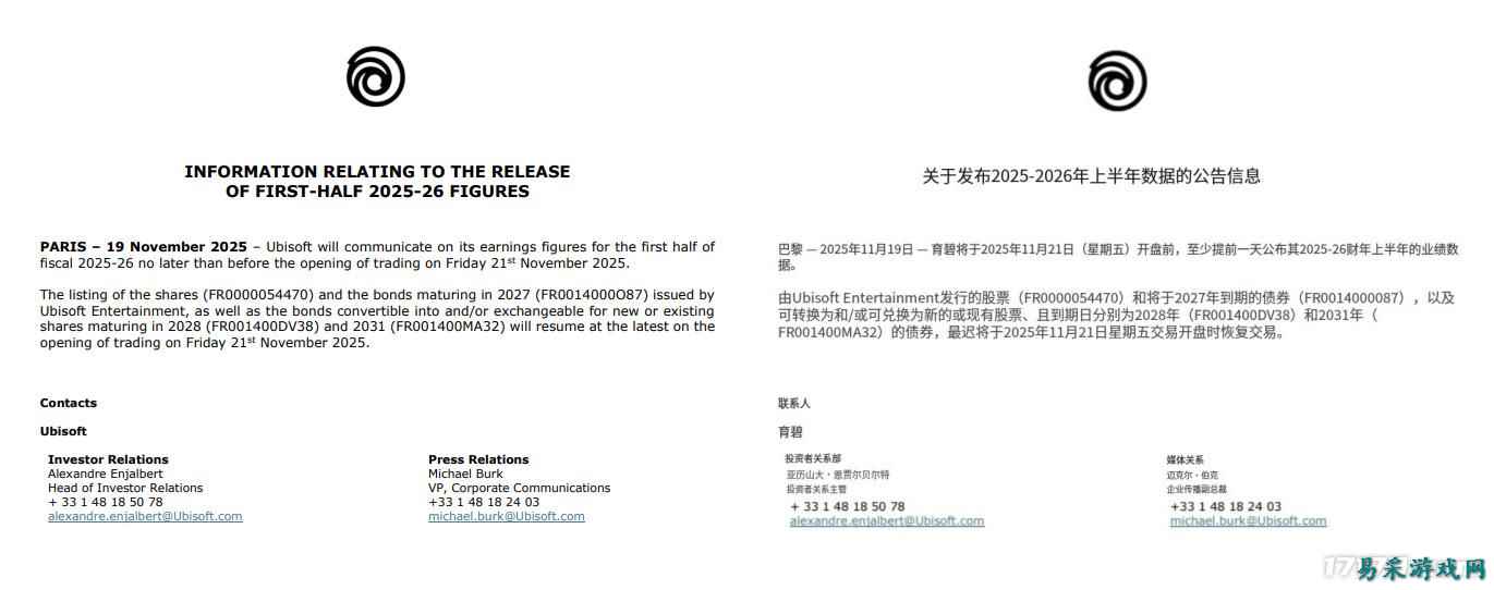 育碧确认将于11月21日前发布上半年财报，股票交易将同步恢复