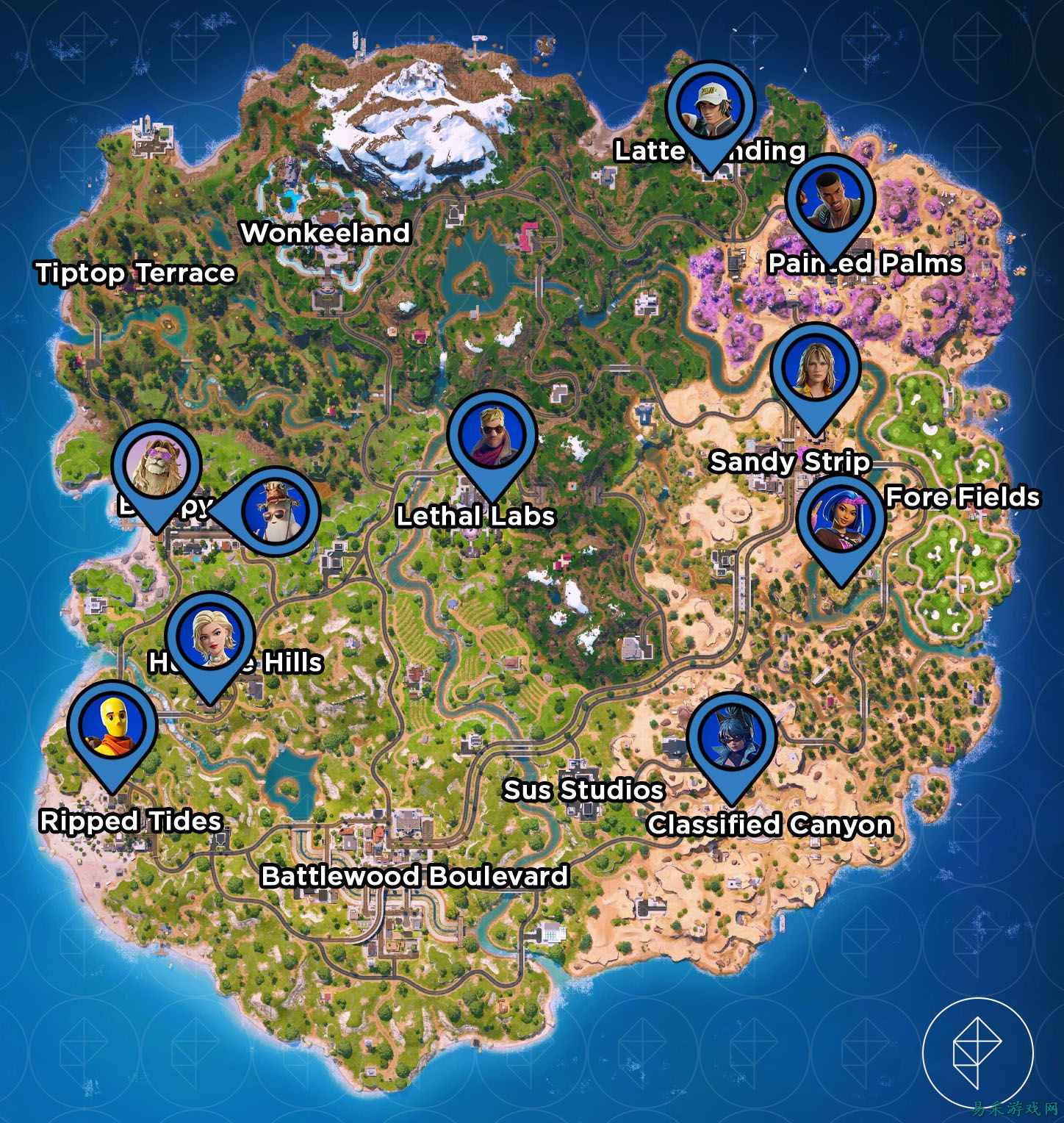 《堡垒之夜》第七章第一赛季所有角色位置