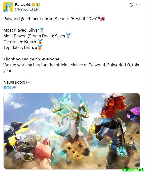 幻兽帕鲁两年热度不减，四登Steam年度榜单