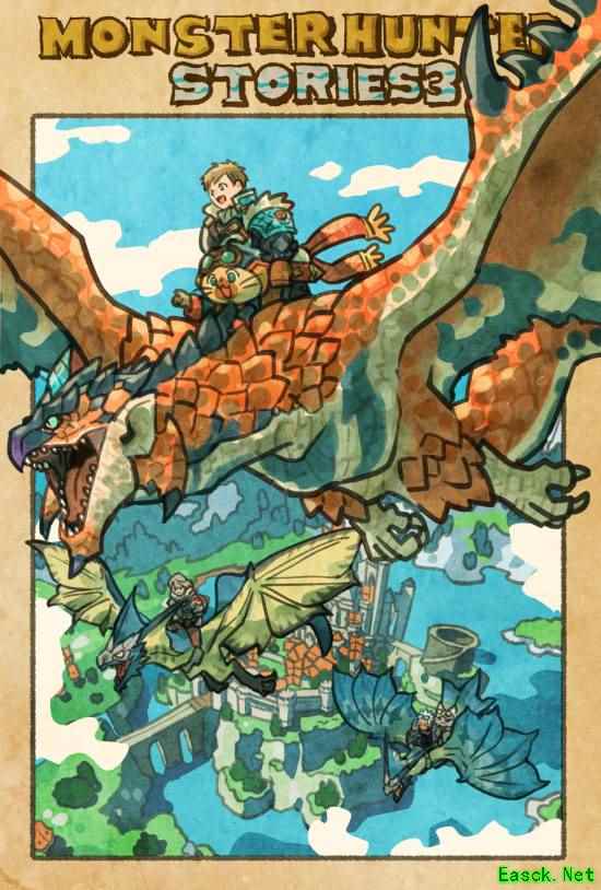 《怪物猎人物语3：命运双龙》艺术插画公开！火龙骑士御风飞翔