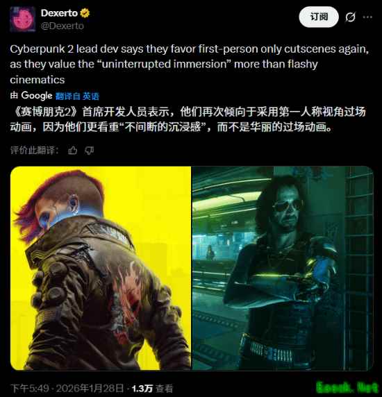 赛博朋克2续作倾向纯第一人称视角，强化沉浸感与身份统一性