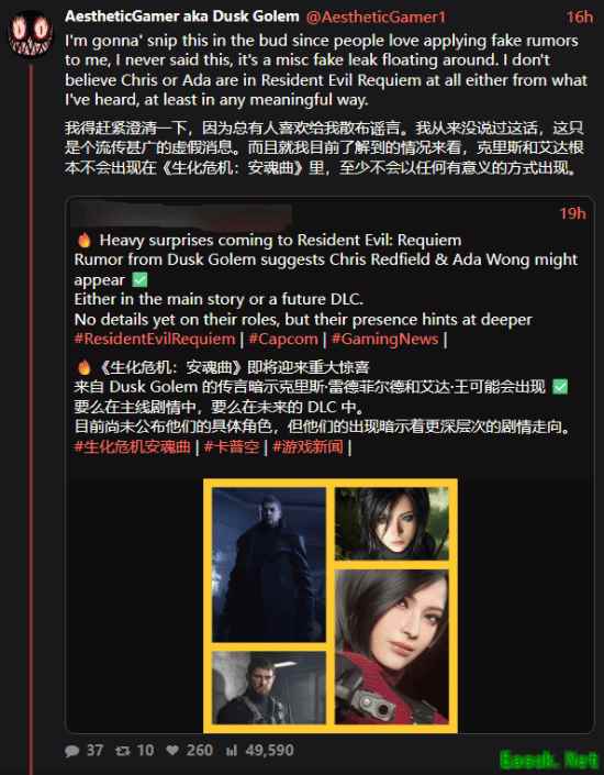 生化危机9：安魂曲辟谣：克里斯与艾达不参演，仅或以彩蛋形式致敬