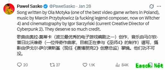 CDPR的核心开发者透露 波兰作曲家Marcin Przybyłowicz已着手为《巫师4》创作原声配乐