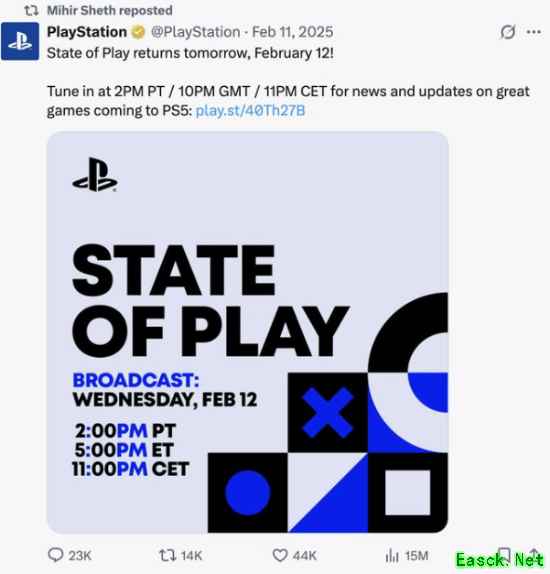PS高级总监转发旧公告，暗示2026年State of Play或定档2月12日