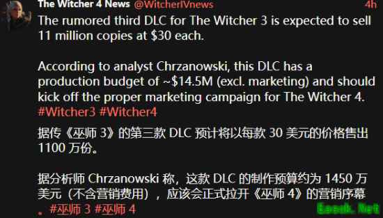 巫师3第三款DLC预算1450万美元、售价30美元，或成巫师4宣发起点