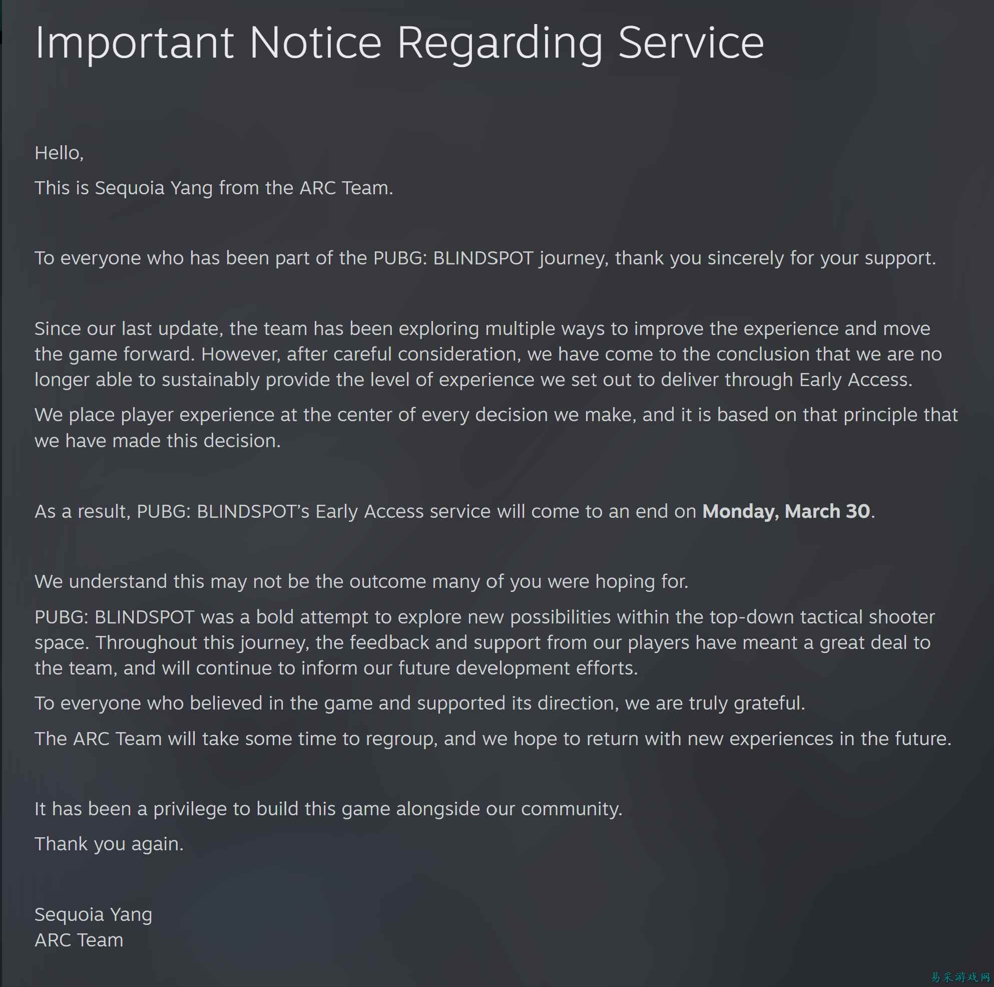 PUBG: BLINDSPOT 将于周一停服