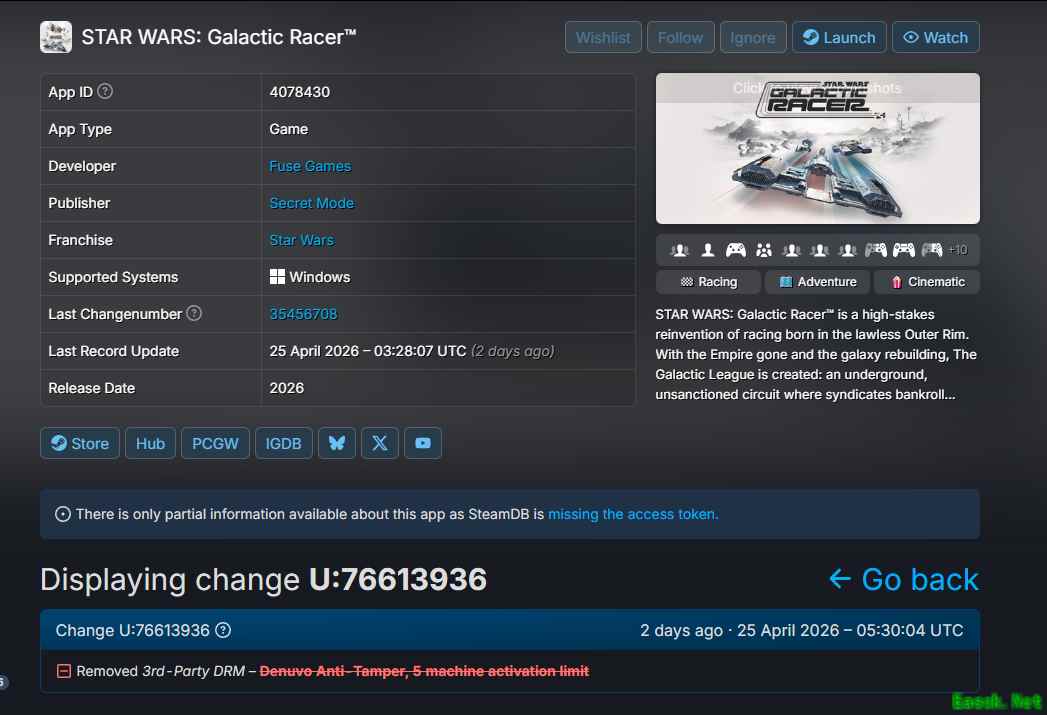 星球大战：银河赛车Steam页面移除Denuvo加密标识，引发行业信任质疑