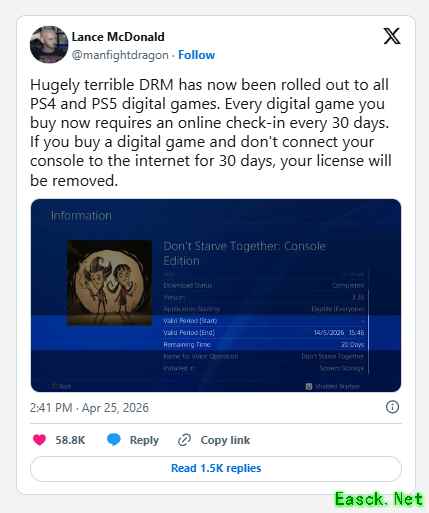 索尼PS新DRM机制引争议：数字游戏强制30天联网验证
