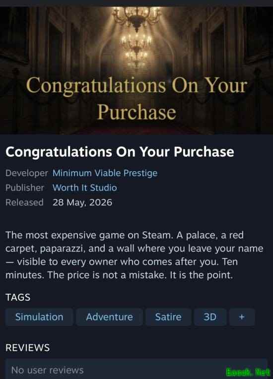 Steam史上最贵游戏上线:999.99美元尊贵铭刻引热议