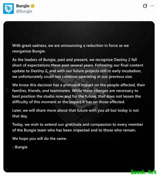 Bungie官宣裁员！承认《命运2》未达预期