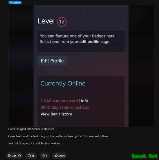 Steam用户十年后重登账号,VAC永久封禁记录仍醒目可见引热议