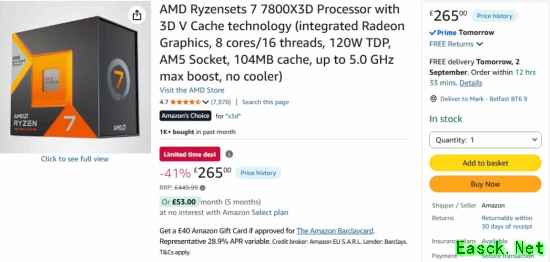 AMD老神U 7800X3D跌至历史最低!比最新旗舰9800X3D低34%