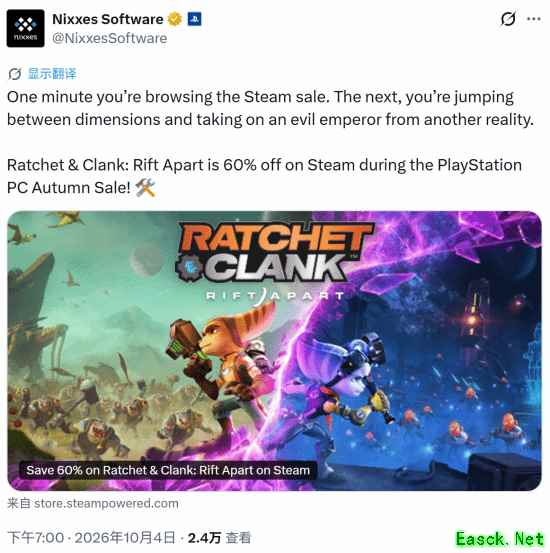 瑞奇与叮当:时空跳转Steam限时6折,索尼PC移植计划再升温